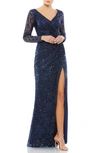 Mac Duggal Sequin Lace High Slit Long Sleeve Sheath Gown In Midnight