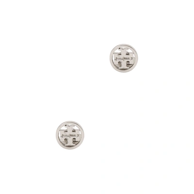 Tory Burch Miller Logo Silver-tone Stud Earrings In Metallic