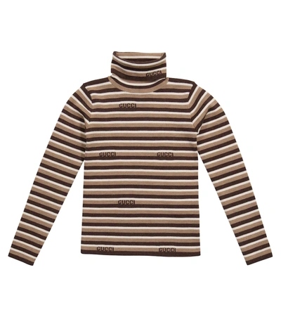 Gucci Kids' Intarsia-logo Stripe Wool Turtleneck In Brown/camel/n.white
