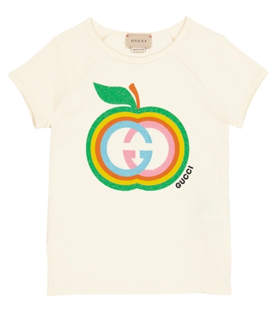 Gucci Kids' Apple Gg Logo Print Cotton T-shirt In Panna