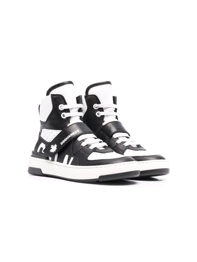 Dsquared2 Kids' Icon Lace-up Leather High Top Trainers In Black,white