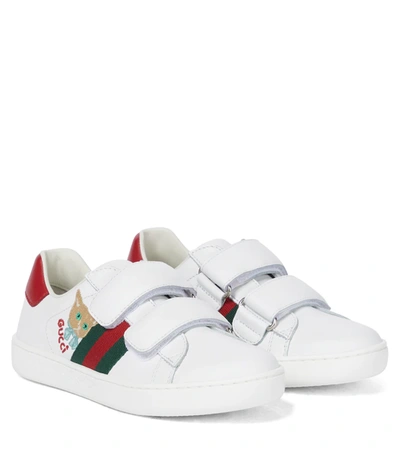 Gucci Teen Ace Cat-embroidered Leather Sneakers In White