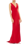 Mac Duggal Cowl Back Surplice Knit Gown In Red