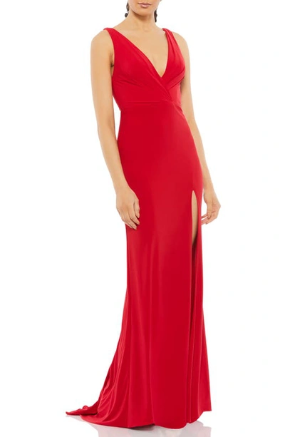 Mac Duggal Cowl Back Surplice Knit Gown In Red