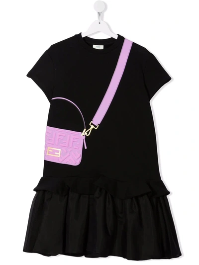 Fendi Kids' Girl's Short-sleeve Dress W/ Trompe L'oeil In Black