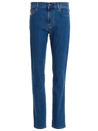 Moschino Teddy Bear Patch Straight Jeans In Blue