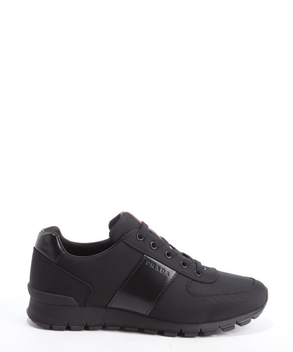 Prada Black Canvas And Leather Strap Lace Up Sneakers | ModeSens