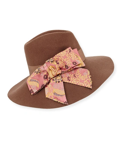 Etro Wool Hat W/ Paisley Bow In Tan