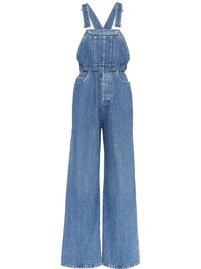 Miu Miu Branded Relaxed-fit Denim Dungarees In Blue