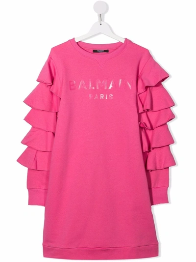 Balmain Teen Ruffle-sleeve Logo-print Sweatshirt Dress In 桃红色
