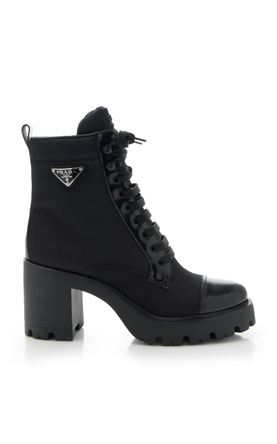 Prada Monolith Leather And Nylon Ankle Boots In Black