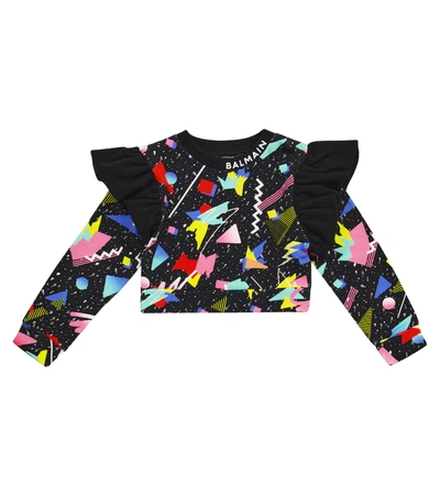 Balmain Teen Graphic-print Frill-trim Sweatshirt In Black