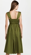 Staud Ida Ruched Stretch-cotton Poplin Midi Dress In Olive