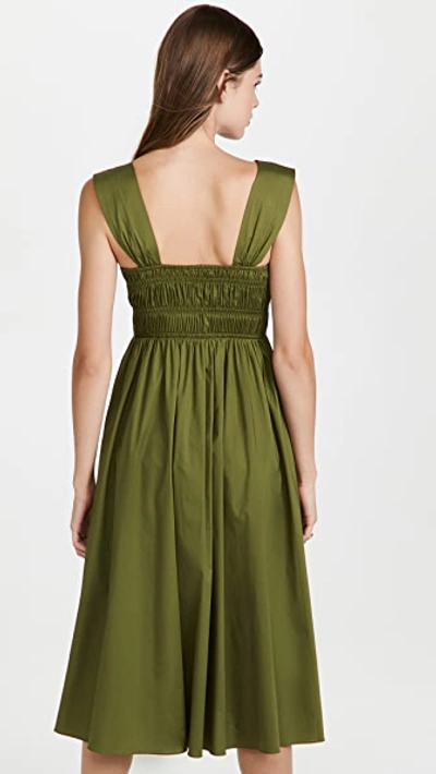 Staud Ida Ruched Stretch-cotton Poplin Midi Dress In Olive