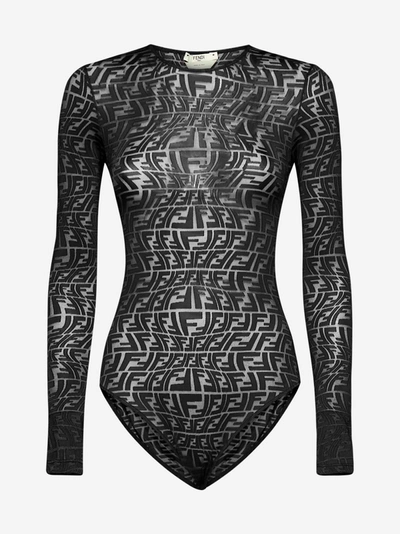 Fendi Bodysuit In Tulle With All-over Fish-eye Motif In Black