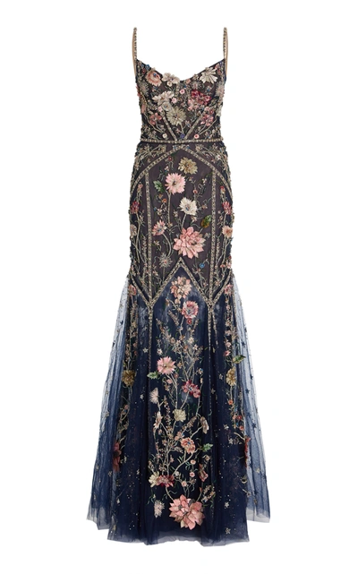 Marchesa Floral Embellished Trumpet Gown In Blue