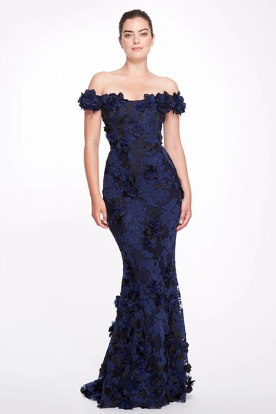 Marchesa Embroidered Off-the-shoulder Couture Gown In Midnight