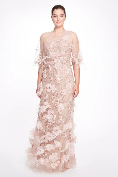 Marchesa Floral Appliquéd One Shoulder Gown With Cape In Blush