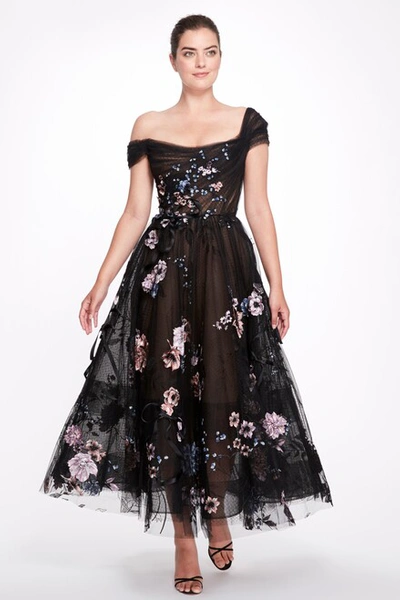 Marchesa Women's Tulle Flower-embellished Fit-&-flare Gown In Black
