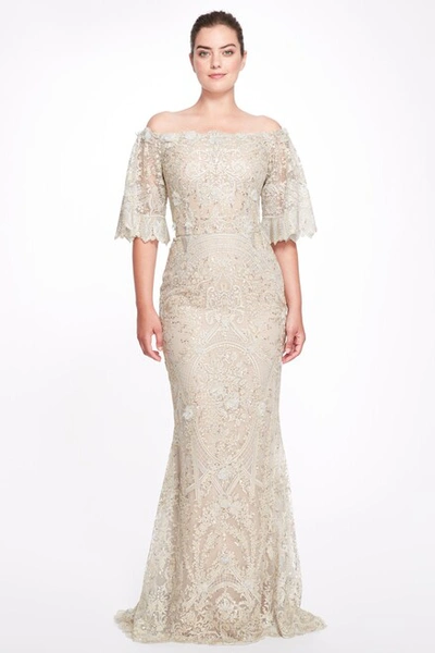 Marchesa Sequined Off-the-shoulder Embroidered Trumpet Gown In Silver