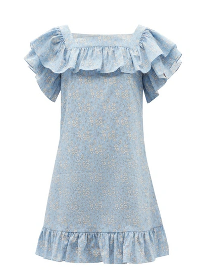 The Vampire's Wife The Cry Baby Ruffled Floral-print Cotton And Linen-blend Mini Dress In Blue