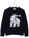 Moncler Kids' Bear Intarsia Wool Knit Sweater In Blu