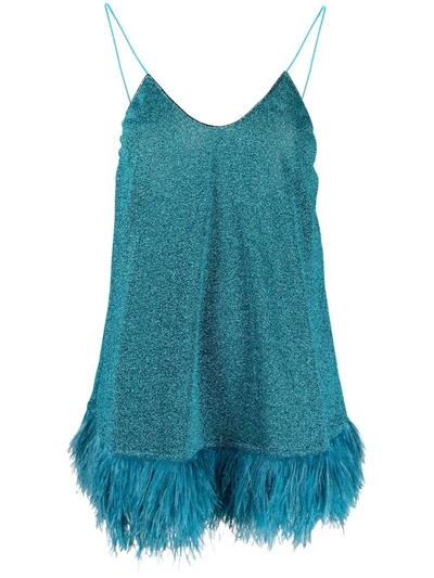 Oseree Lumière Feather-trimmed Stretch-lurex Mini Dress In Blue