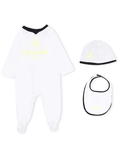 Balmain Logo-print Baby Grow Set In Bianco/giallo