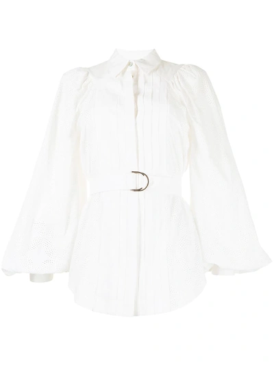 Acler 'klara' Belted Floral Perforated Sleeve Pleated Chest Cotton Shirt In Weiss