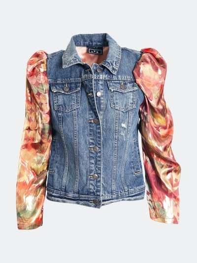 L2r The Label Puff Sleeves Upcycled Denim Jacket With Floral Orange Lame Sleeves In Blue
