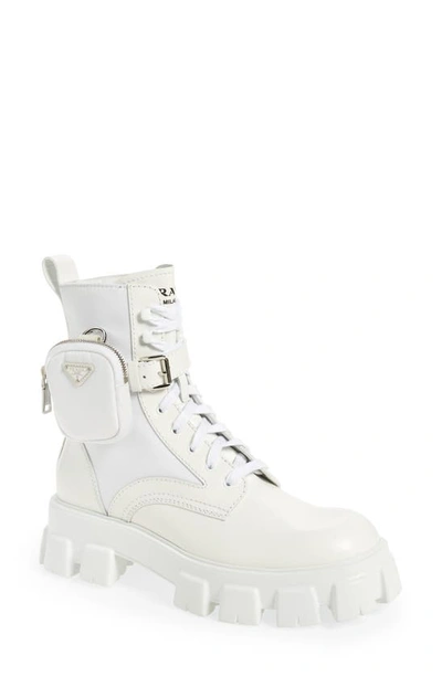 Prada Monolith Lug-sole Leather Combat Boots In White