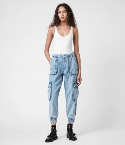 Allsaints Womens Indigo Blue Frieda Cargo-style Denim Trousers 8