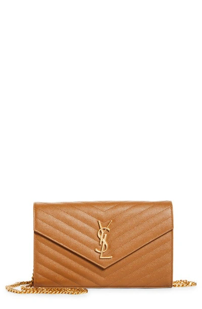 Saint Laurent Large Monogram Quilted Leather Wallet On A Chain In Natural Dark