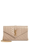 Saint Laurent Envelope Quilted Pebbled Leather Wallet On A Chain In Beige