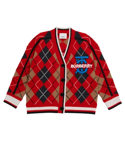 Burberry Kids Wool-cashmere Monogram Argyle Cardigan (3-14 Years) In Red