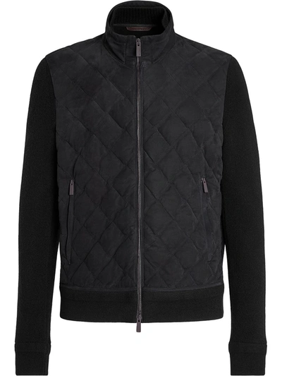 Ermenegildo Zegna Men's Quilted Suede Jacket W/ Cashmere Sleeves In Black
