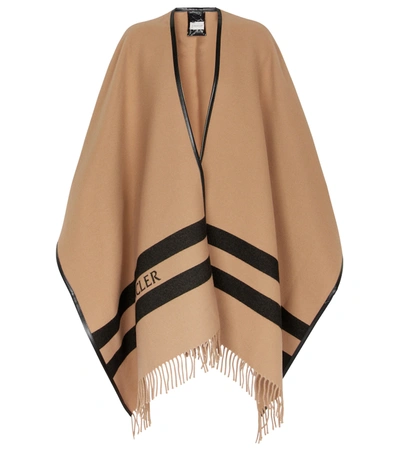 Moncler Woman Beige And Black Jacquard Wool Poncho In Beige Multi