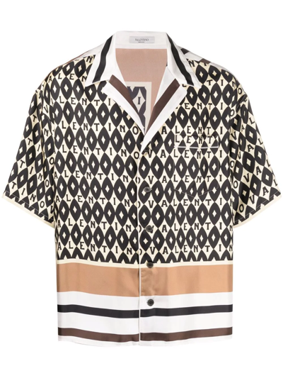 Valentino Archive Logo Print Short Sleeve Button-up Silk Twill Shirt In Multi