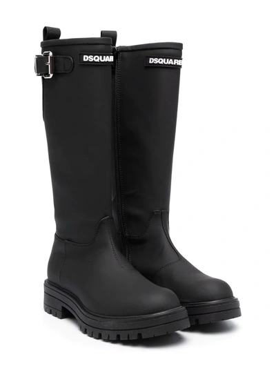 Dsquared2 Teen Ridged Leather Boots In Black