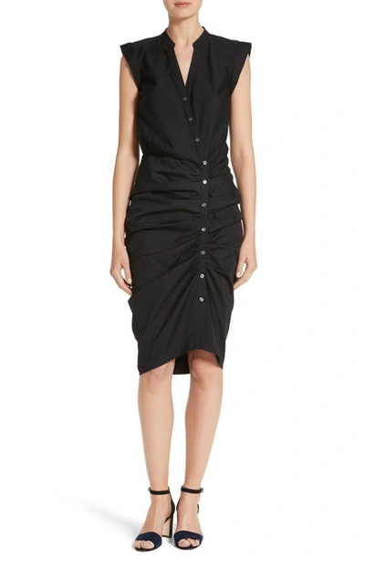Veronica Beard Sleeveless Button-down Ruched Dobby Cotton Shirtdress In Black