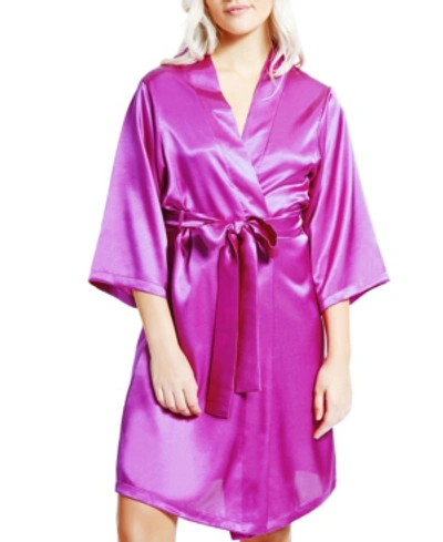 Icollection Long Sleeve Satin Robe In Purple