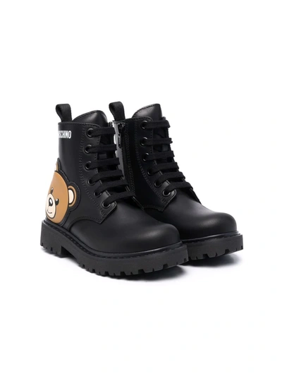 Moschino Kids' Leather Combat Boots W/ Teddy Patch In Black