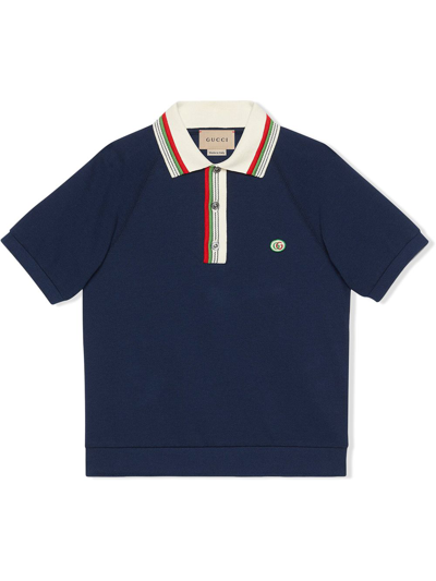 Gucci Kids' Logo Cotton Blend Oversize Polo Shirt In 네이비