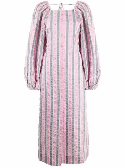 Ganni Stripe Long Sleeve Organic Cotton Seersucker Dress In Pink  