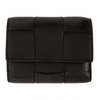 Bottega Veneta Intrecciato Woven Trifold Leather Wallet In Black/gold