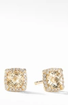 David Yurman Petite Chatelaine Pave Bezel Stud Earrings In 18k Yellow Gold With Champagne Citrine