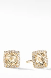 David Yurman Petite Chatelaine Pave Bezel Stud Earrings In 18k Yellow Gold With Champagne Citrine In 35 Red