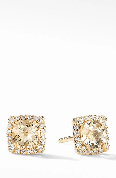 David Yurman Petite Chatelaine Pave Bezel Stud Earrings In 18k Yellow Gold With Champagne Citrine