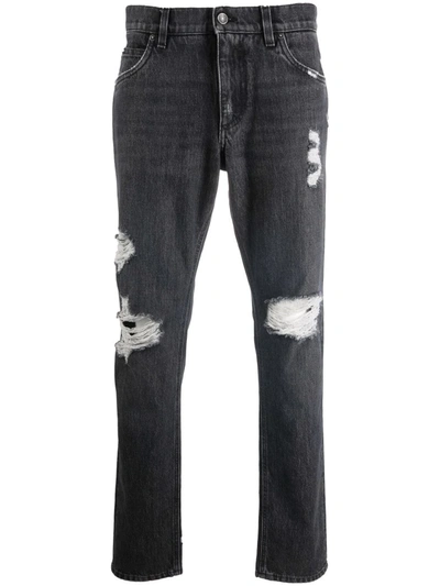 Dolce & Gabbana Distressed Low-rise Straight Leg Jeans In Grey