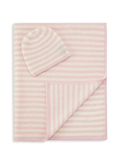 Sofia Cashmere 2-piece Stripe Cashmere Baby Blanket & Hat Set In Pink